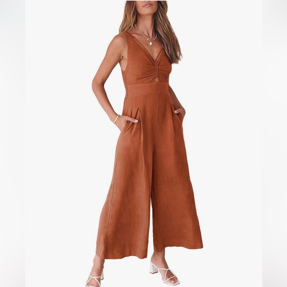 Anrabess Women's Brick Red Orange Jumpsuit Wide Leg Sleeveless Linen Romper - Picture 2 of 15